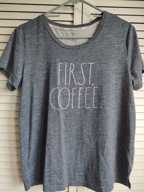 Rae Dunn Heathered Blue 'First, Coffee.' Short Sleeve Tee Size Medium